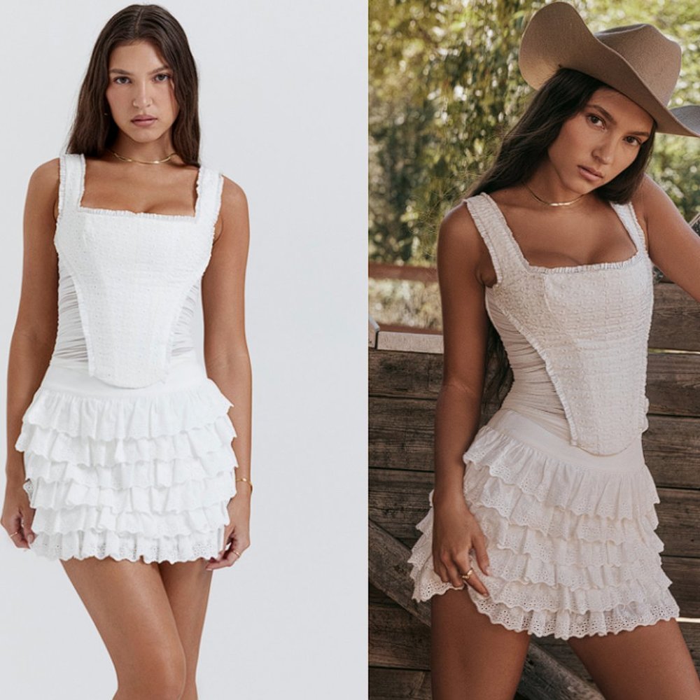 HOUSE OF CB Catalina & Fifi White corset/ Layered Mini Skirt Set NWOT